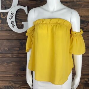 Active USA | Ruffle Top Off Shoulder Blouse Flowy Swing Top Mustard Yellow
